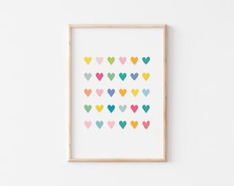 DIGITAL Rainbow Hearts Print, Hearts Wall Art, Nursery Wall Decor, Hearts Poster, Digital Art Prints, Wall Art Printable, Kids Room Print