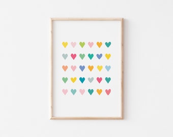 DIGITAL Rainbow Hearts Print, Hearts Wall Art, Nursery Wall Decor, Hearts Poster, Digital Art Prints, Wall Art Printable, Kids Room Print