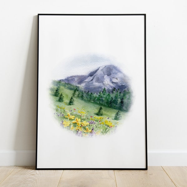 Mountain Meadow Watercolor Print - Alpine Landscape Art - Wildflowers and Pine Trees - Nature Wall Art - Serene Home Decor