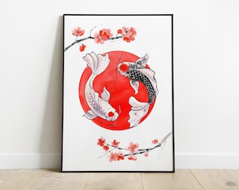 Japanese Koi Fish Art Print - Yin Yang Sakura Wall Decor - Traditional Asian Watercolor - Feng Shui Symbol of Prosperity - Home Office Art