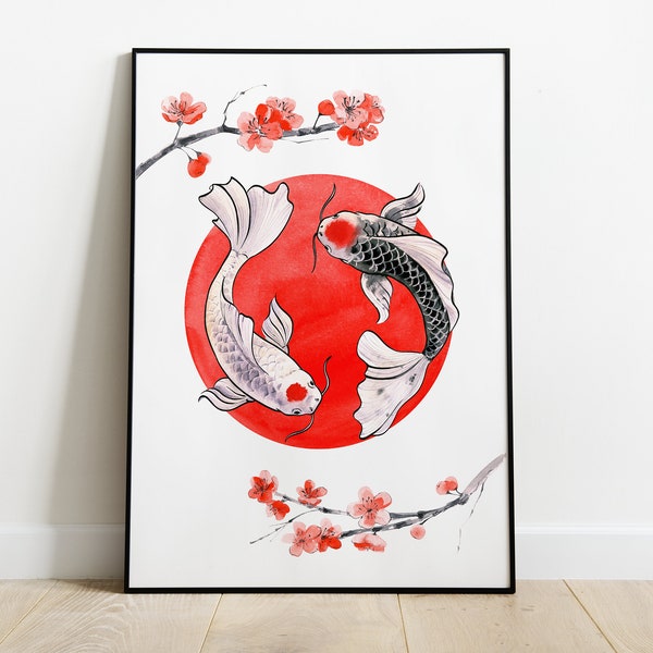 Japanese Koi Fish Art Print - Yin Yang Sakura Wall Decor - Traditional Asian Watercolor - Feng Shui Symbol of Prosperity - Home Office Art