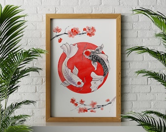 Japanese Koi Fish Art Print - Yin Yang Sakura Wall Decor - Traditional Asian Watercolor - Feng Shui Symbol of Prosperity - Home Office Art