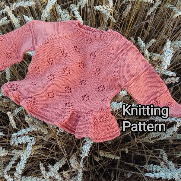 PDF Knitting Pattern "Playful waves" / Baby Girl Ruffled Top Down Sweater Knit Guide / Unique Fancy Garment Instruction, 9 - 12 months