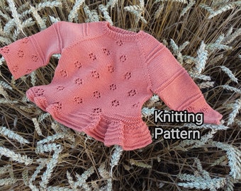 PDF Knitting Pattern "Playful waves" / Baby Girl Ruffled Top Down Sweater Knit Guide / Unique Fancy Garment Instruction, 9 - 12 months