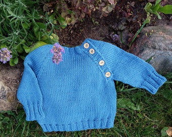 Top Down Buttoned Raglan Jumper Knitting Pattern, Baby Pullover in Basic Instruction, 0-8 years