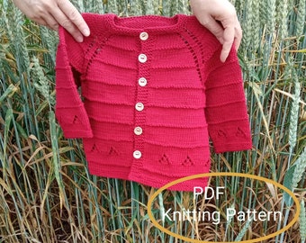 Pdf Knitting Patterns. Baby Cardigan for Cotton Thread, Top Down Knitted Infant Jacket. Horizontal Cross Line Sweater Diagram, 0-18 months