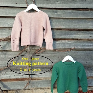 Könnte beinhalten: Zwei Strickpullover für Kinder, einer rosa und einer grün, hängen an Kleiderbügeln vor einem Holz Hintergrund. Der Text "One piece Knitting pattern 2 to 4 years" ist im Bild sichtbar.