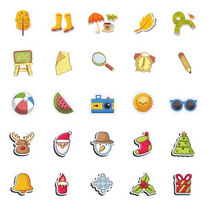 Año calendario de 75 iconos de diseño gráfico, plantillas, imágenes prediseñadas e imágenes para diseñadores POD para empresas, folletos personales, postales, redes sociales