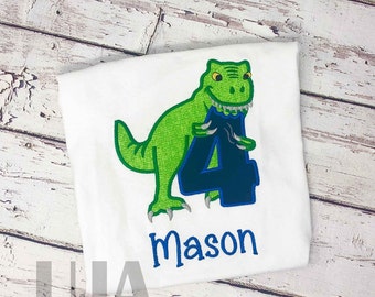 Dinosaur Birthday Shirt, T-Rex Shirt, Fourth Birthday Shirt, Boys Birthday Outfit, Green and Blue, Personalized Shirt, Embroidered, Dino