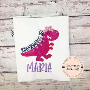 Camisa de dinossauro rosa, camisa infantil bordada, camiseta de jardim de infância, camisa de dinossauro, camisa de menina Dino, dinossauro com laço, de volta às aulas