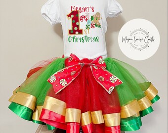 Conjunto personalizado para la primera Navidad del bebé, tutú bordado con caramelos