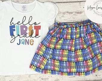 Embroidered First Grade Outfit, Crayon Skirt, Back to School