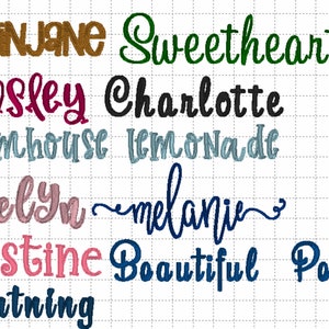 May include: A collection of embroidered names in various colors and fonts, including "Plan Jane", "Sweetheart", "Kinsley", "Charlotte", "Farmhouse", "Lemonade", "Evelyn", "Melanie", "Kristine", "Beautiful", "People", and "Lightning".