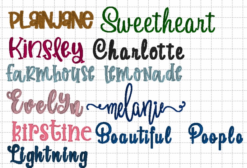 May include: A collection of embroidered names in various colors and fonts, including "Plan Jane", "Sweetheart", "Kinsley", "Charlotte", "Farmhouse", "Lemonade", "Evelyn", "Melanie", "Kristine", "Beautiful", "People", and "Lightning".