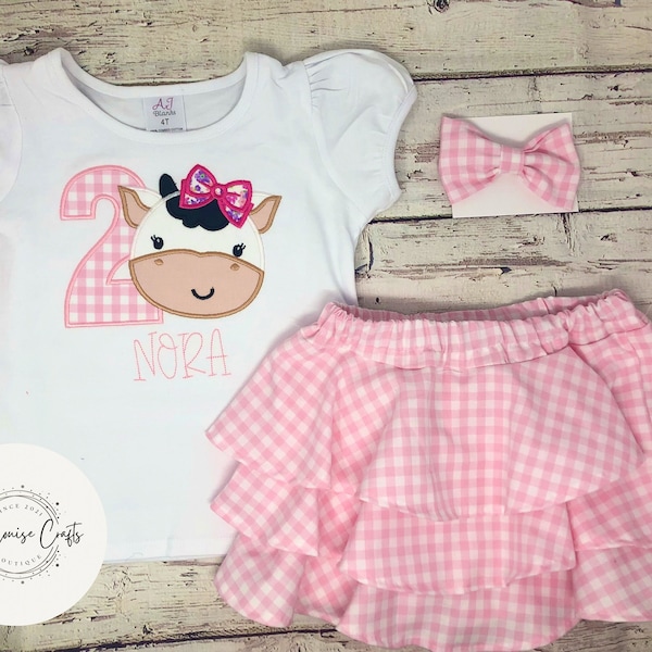 Farm Birthday Outfit, Girls Barnyard Birthday Outfit, Cow Birthday Outfit, Second Birthday Outfit, Pink Birthday Outfit, Embroidered Shirt