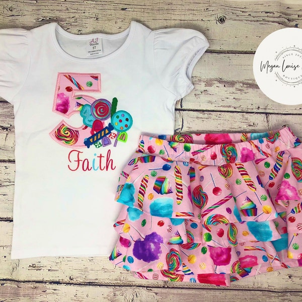 Candy Birthday Outfit, Sweet Birthday Outfit, Girls Birthday Outfit, Fifth Birthday Outfit, Embroidered Shirt, Shirt and Skort, Numbered