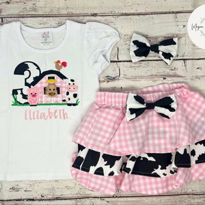 Farm Birthday Outfit, Girls Barnyard Birthday Outfit, Cow Birthday Outfit, Third Birthday Outfit, Pink Birthday Outfit, Embroidered Shirt