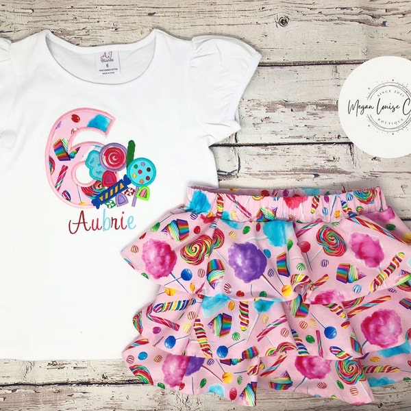 Tenue 6e anniversaire, tenue sixième anniversaire, anniversaire, tenue d'anniversaire bonbon, tenue d'anniversaire de fille, tenue assortie, chemise et jupe-short