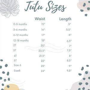 May include: A chart showing tutu sizes for babies and toddlers. The chart lists the age range, waist size in inches, and length in inches. The chart is on a white background with a light gray and beige pattern.