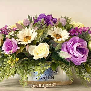 Farmhouse Floral Centerpiece: Purple Flowers in Galvanized Container
