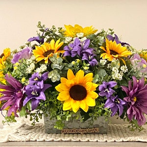 Farmhouse Floral Centerpiece: Rustic Purple & Yellow Arrangement