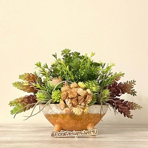Farmhouse Faux Succulent Arrangement: Rustic Orange Ceramic Planter