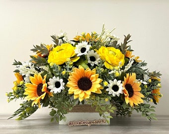 Rustic Sunflower Centerpiece: Farmhouse Floral Arrangement in Wood Container
