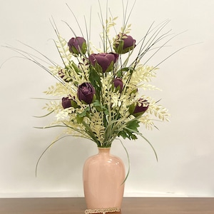 Farmhouse Floral Arrangement: Plum Rustic Flowers in Pink Ceramic Vase