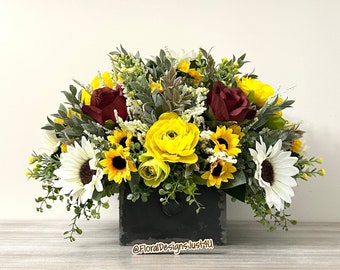 Rustic Sunflower Centerpiece: Farmhouse Floral Arrangement in Wood Drawer
