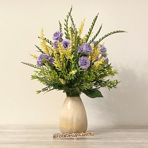 Farmhouse Floral Arrangement: Purple Roses, Yellow Wildflowers, Ceramic Vase