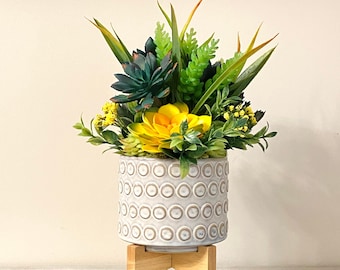 Faux Succulent Arrangement: Ceramic Planter with Wood Stand