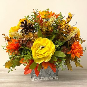 Fall Farmhouse Table Centerpiece: Mums, Roses & Pinecones in Galvanized Bucket