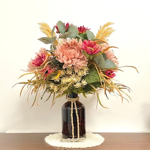 Farmhouse Floral Centerpiece: Sunflowers, Eucalyptus in Amber Vase