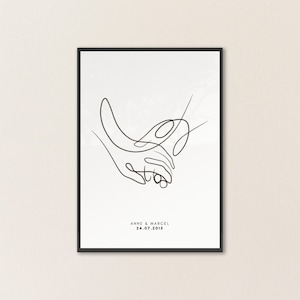 Personalisiertes Pärchen Poster mit Namen und Datum, Abstrakte Hände - Hochzeitsgeschenk, Valentinstag, Familie, Jahrestag Poster