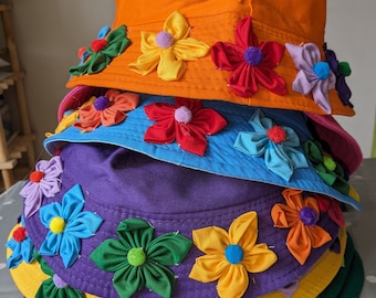 Embellished Bucket Hat with Handmade Rainbow Fabric Flowers