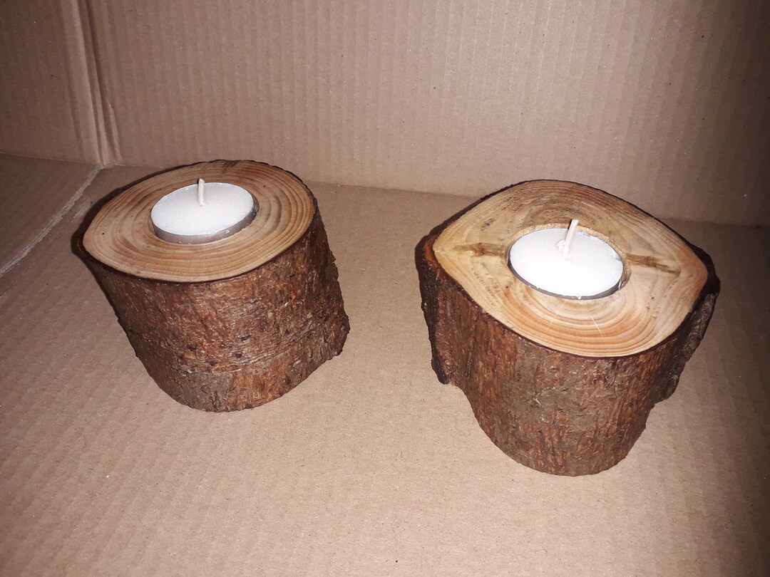 Rustic tree branch tea light holders, matching pair made from welsh pine, ideal mothers day