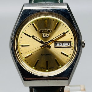 Rare Vintage Seiko 5 Automatic ,  Gold Dial, Silver  Case,Day/Date Caliber No. 6309 ,Men&#39;s Wrist Watch Japan Made