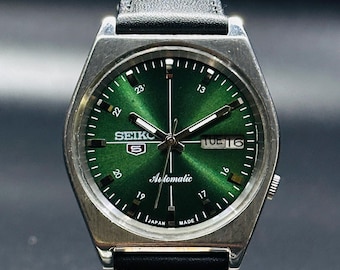 Vintage Seiko 5 Automatic Watch: Green Dial, Stainless Steel Case, Japan Made