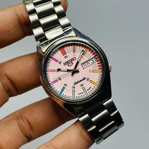Rare Vintage Seiko 5 Automatic , Pink Dial, Silver Case, Day/Date  Caliber No. 7s26, Men&#39;s Wrist Watch Japan Made,
