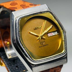 Rare Vintage Seiko 5 Automatic ,  Gold Dial, Silver TV Case Day/Date Caliber No. 6349 ,Men&#39;s Wrist Watch Japan Made