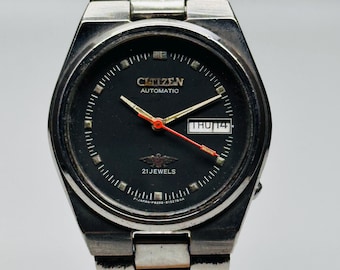 Reloj automático Citizen vintage: esfera negra, día/fecha, fabricado en Japón