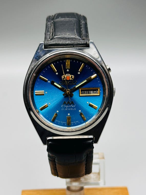 Vintage Orient Crystal AAA Automatic Watch: 21 Jewels, Blue Dial