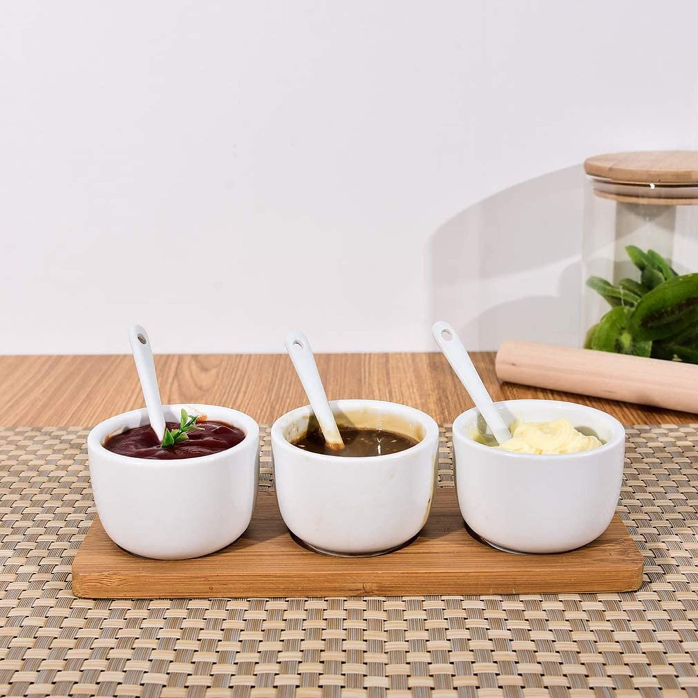 Ceramic Sauce Dip Bowls Condiment Set With Bamboo Wooden Etsy