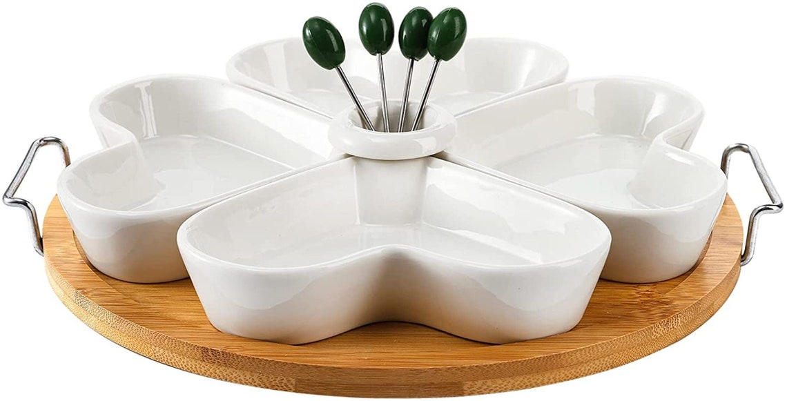 Porcelain Appetizer Serving Platter with Wooden Holder Etsy