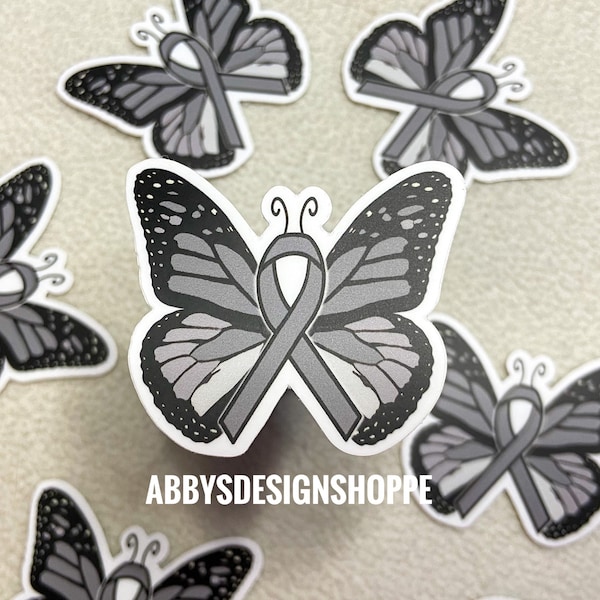 Mini Grey Brain Cancer Ribbon Sticker, Butterfly Cancer Ribbon, Brain Cancer Awareness, Cancer Gifts,  Stickers for Macbook, Brain Tumor