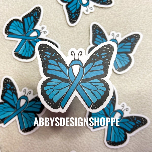 Mini Teal Ovarian Cancer Ribbon Sticker, Butterfly Cancer Ribbon, Ovarian Cancer Awareness, Cancer Gifts,  Stickers for Macbook