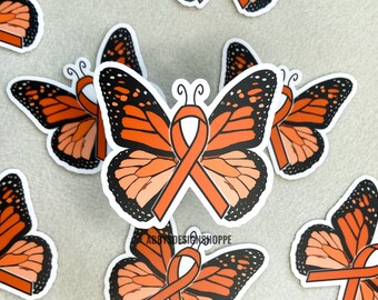 Autocollant Papillon Ruban Orange : Sensibilisation au cancer, autocollant de soutien en vinyle imperméable, cadeau de sensibilisation, autocollant en vinyle, autocollant pour ordinateur portable, autocollant pour voiture