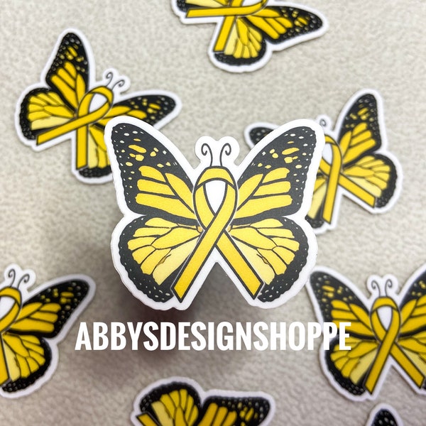 Mini Gold Cancer Ribbon Butterfly, Cancer Awareness, Childhood Cancer, Bone Cancer, Yellow Cancer Ribbon, Phone Sticker, Cancer Gifts