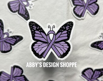 Lavender Mini Cancer Ribbon Butterfly, Cancer Awareness Sticker Support Sticker, Awareness Gift, Vinyl Decal, Laptop Sticker, Car Decal