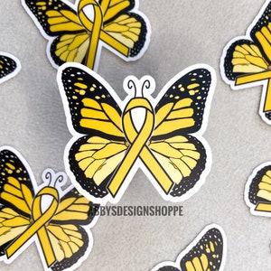 Gold Cancer Ribbon, Yellow Cancer Ribbon Butterfly Sticker, Bone Cancer Awareness, Sarcoma Cancer Awareness, Childhood Cancer Awareness